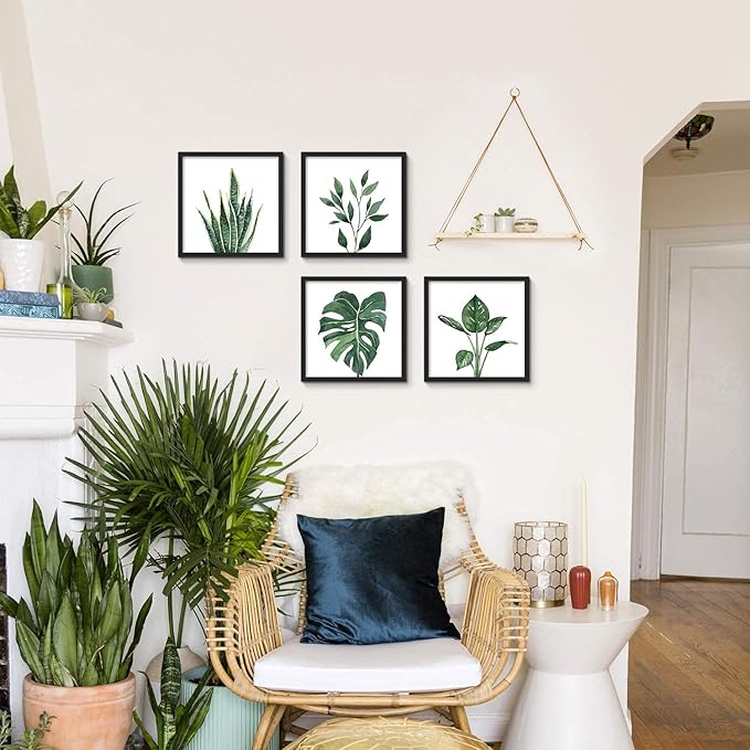 ArtbyHannah Framed Bathroom Wall Decor, 10x10 Inch Botanical Wall Art with Sage Green Plant Print for Wall Decoration, Minimalist Restroom Decor (Black)
