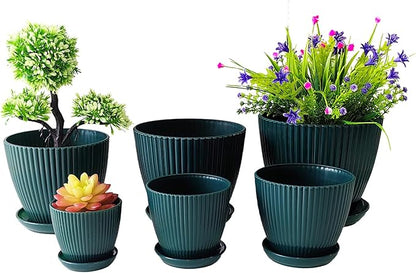 7.5/6.5/5.5/4.9/4.2/3.5 Inch Plant Pots with Saucers & Drain Holes - Indoor/Outdoor Flower Pots for Succulents, Herbs, Cactus - Modern Lightweight Durable Planter Set, Dark Green