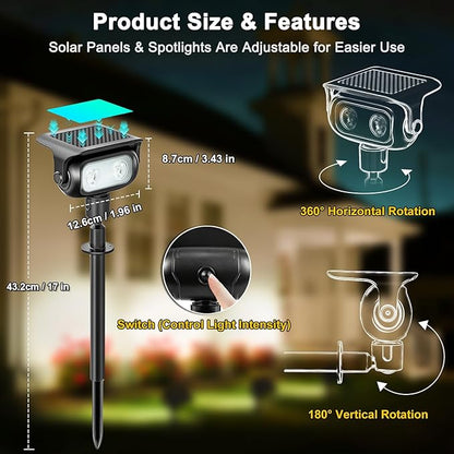 Solar Spot Lights Outdoor Waterproof IP67, Warm White Landscape Lighting with 2 Brightness Mode, Fast-Charge HPBC Panel, Spotlights for Yard, Garden, Pathway