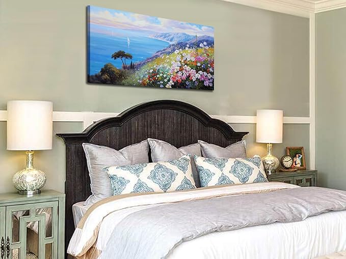 Enartly Blue Coastal Wall Art Canvas Ocean Seascape Painting Scenery Flower Colorful Landscape Textured Artwork Framed for Living Room Bedroom Bathroom Home Office Wall Decor, Large Size 40"x20"