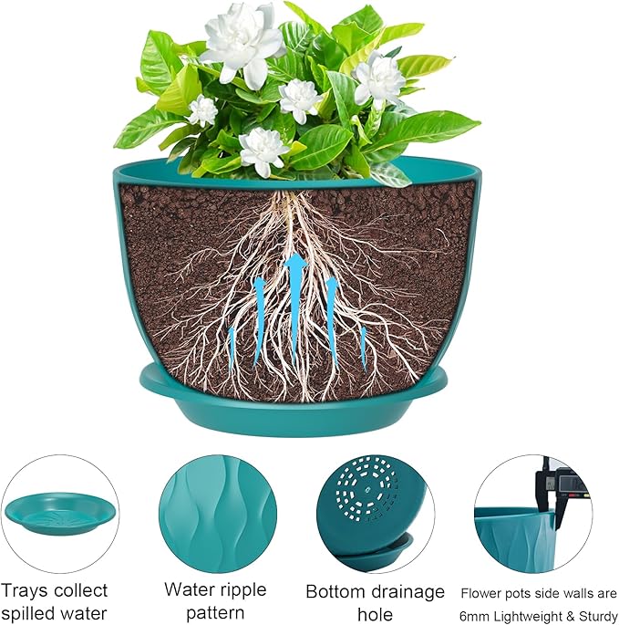 12 inch Large Plant Pots, Flower Pots with Multi-Mesh Drainage Holes and Saucer, Plastic Planters for Indoor and Outdoor Garden Plants (Black-Green, 12")