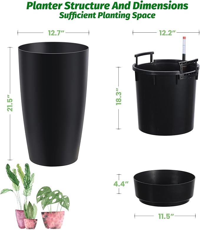 IDEALHOUSE Set of 2 Tall Planters for Outdoor Plants - 22 in Large Planters for Outdoor Indoor Plants with Water Level Monitor, Inner Bucket, Automatic Watering, for Porch, Patio, Backyard, Black