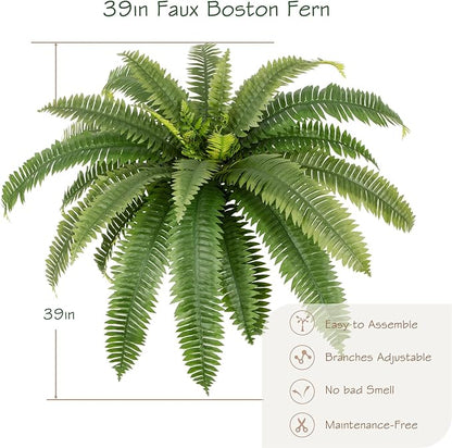 bellacat 39in UV Resistant Artificial Ferns for Outdoors Large, Realistic Fake Boston Fern with Full Multiple Silk Fronds, Faux Boston Fern for Porch Outdoors, Garden or Hanging, 2 Pack