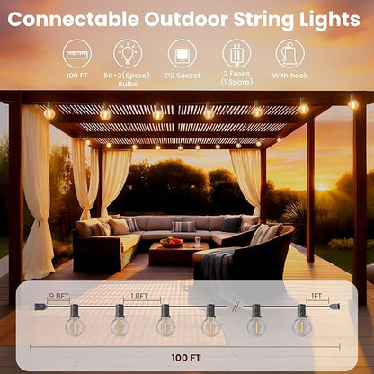 RTTY 100FT All-Purpose Outdoor String Lights with 50 G40 Bulbs - Versatile for Patio & Deck Lighting, Backyard Gatherings, Poolside Evenings, and Intimate Wedding Decor