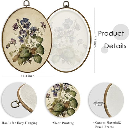 MAQIKA Vintage Purple Flower Oval Framed Wall Art Decor, Floral Wall Decor, Wildflower Oval Wall Hanging Decor, Vintage Botanical Canvas Prints Wall Art for Bedroom Living Room, 8.7x11.3 Inch