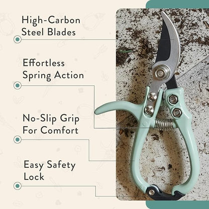 Modern Sprout Hand Pruners - Lightweight Pruning Shears W/Easy Lock- Gardening Scissors - Bypass Sharp Carbon Steel Blade - Rust Resistant - Garden Tools - Reusable Holster - Ocean