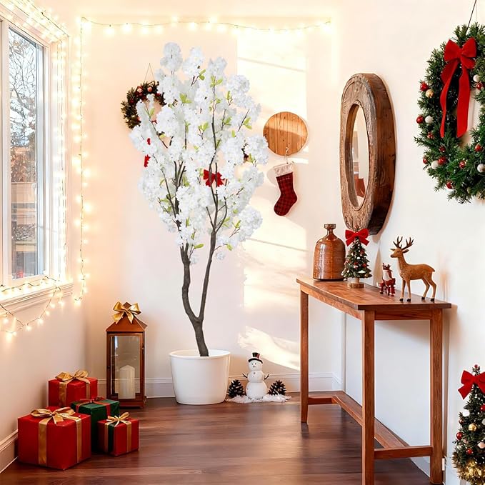 6.56ft White Artificial Cherry Blossom Tree Indoor Decor,Nearly Nature Silk Flower Fake Tree Tall,Realistic Faux Cherry Plant Tree for Christmas New Year Home Decor