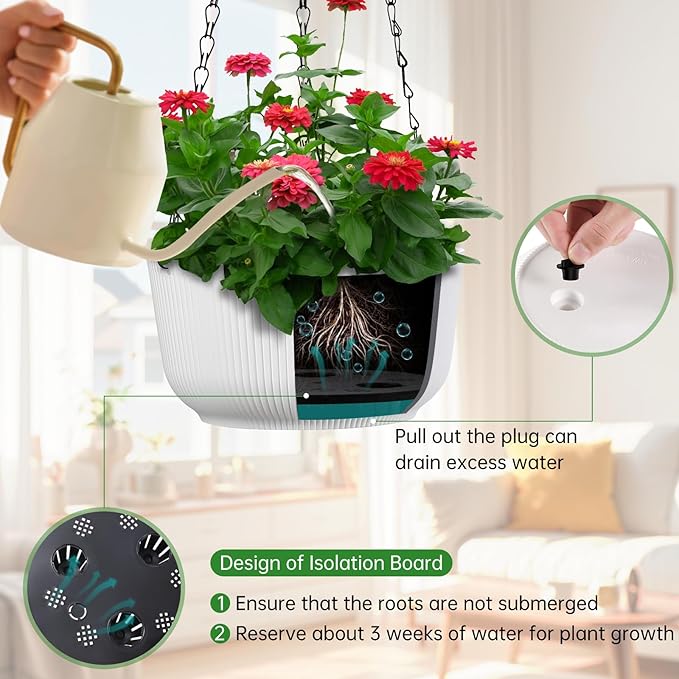 Set of 2 White 8.8 Inch Hanging Planters for Indoor Outdoor Plants, Self Watering Hanging Baskets Flower Pots with Drainage Hole & Plug