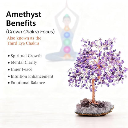 Natural Gemstone(406 Stone Count) Amethyst Crystal Tree of Life,Chakra Balancing Positive Enegy Fengshui Decor Bonsai Money Tree,Good Luck Spiritual Gift Height 8.5-9 Inches