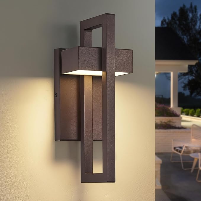 tewei 16.5'' Modern LED Outdoor Wall Sconce, Integrated LED Outdoor Light Fixtures Wall Mount Exterior Lights, Brown Front Porch Outside Lighting for House, Backyard, Warm White 3000K, 1 Pack