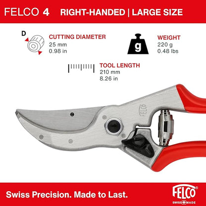 Felco F4 Pruning Shears – 9.25" Swiss-Made Garden Clippers for Pruning | Hand Pruners for Gardening | Garden Tool Cutter with Precision Bypass Blade, Aluminum Body, Replaceable Parts, Nut/Bolt Model