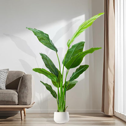 5.2FT Artificial Bird of Paradise Plant, Faux Artificial Trees, Tall Fake Realistic Tree, 10 Trunks Silk Leaf Plant with Plastic Pot for Home Office Decor Indoor Outdoor Modern Decoration