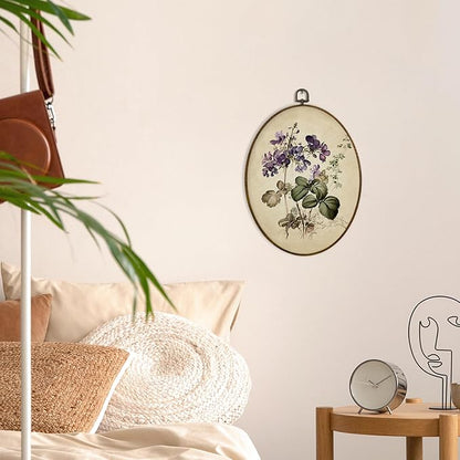 MAQIKA Vintage Purple Flower Oval Framed Wall Art Decor, Floral Wall Decor, Wildflower oval Wall Oval Decor, Retro Botanical Canvas Prints Wall Art for Bedroom Living Room, 8.7x11.3 Inch
