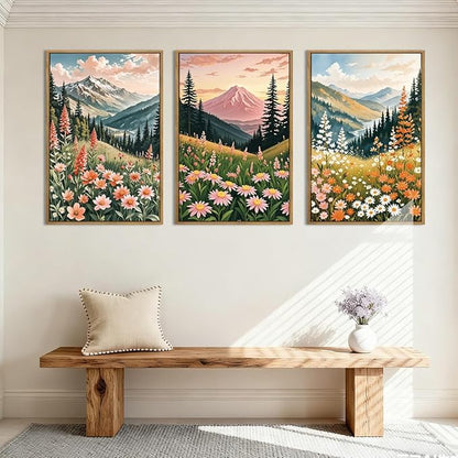ANHUIB Colorful Landscape Wall Art 16x24 Inch Abstract Mountain Forest Wall Decor Wildflower Blossom Artwork Nature Scenery Painting Set of 3 for Living Room Bedroom Dining Room