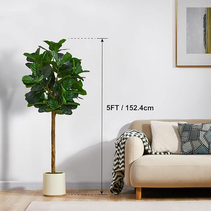 5FT Artificial Fiddle Leaf Fig Tree, Artificial Fig Tree Floor Plant with White Planter, Premium Silk Fake Plants for Living Room, Bedroom, Office, Home & Indoor Décor
