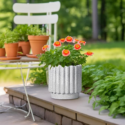 Ceramic Flower Pots - 9.6 Inch Indoor Planter, Decorative Ceramic Plant Pots with Drainage Hole, Fluted Round Large Planter Outdoor, Living Room Decor, Gifts for Women Men, Black and White