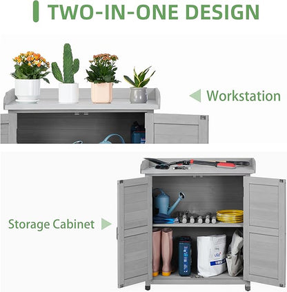 Potting Bench with Storage Cabinet and Metal Table Top for Outdoor Patio, Garden Furniture Wood Workstation (Classsic Grey, 31.5x17x39)