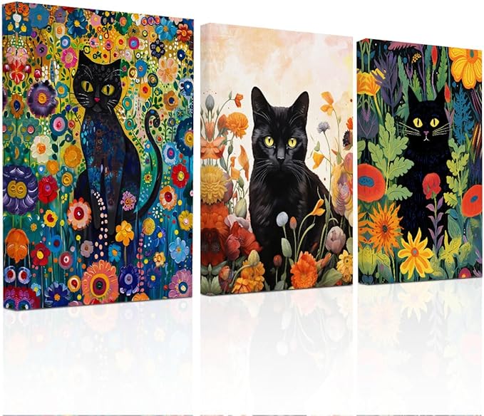 3 PCs Garden Cat Wall Decor Canvas Wall Art Framed Art Cat Posters, Cat Decor for Cat Lovers, Cat Lover Gifts, Aesthetic Artwork for Walls Living Room Bathroom Kitchen Bedroom Home Office Decor