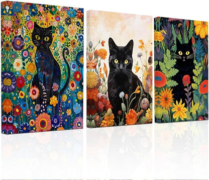 3 PCs Garden Cat Wall Decor Canvas Wall Art Framed Art Cat Posters, Cat Decor for Cat Lovers, Cat Lover Gifts, Aesthetic Artwork for Walls Living Room Bathroom Kitchen Bedroom Home Office Decor
