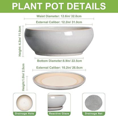 SQOWL 12 Inch Bonsai Pots - Large Ceramic Succulent Pots with Drainage Hole and Saucer, Shallow Planter for Indoor Outdoor Plants Flowers, Round Planter Bowl, Garden Decor, Gifts for Women, Gray