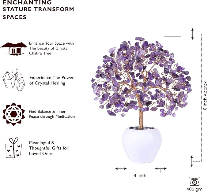 Amethyst Stone Chakra Crystal Tree Money Tree Feng Shui Gemstone Tree of Life with Pot Base, Good Luck Trees Christmas Home Office Desk Crystal Decor Ornament Stress Relief, Spiritual Insight