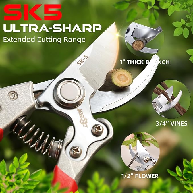 DECERK Professional Bypass Pruning Shears, Ultra Sharp Garden Scissors & Clippers, Effortless 3/4" Branch Clippers