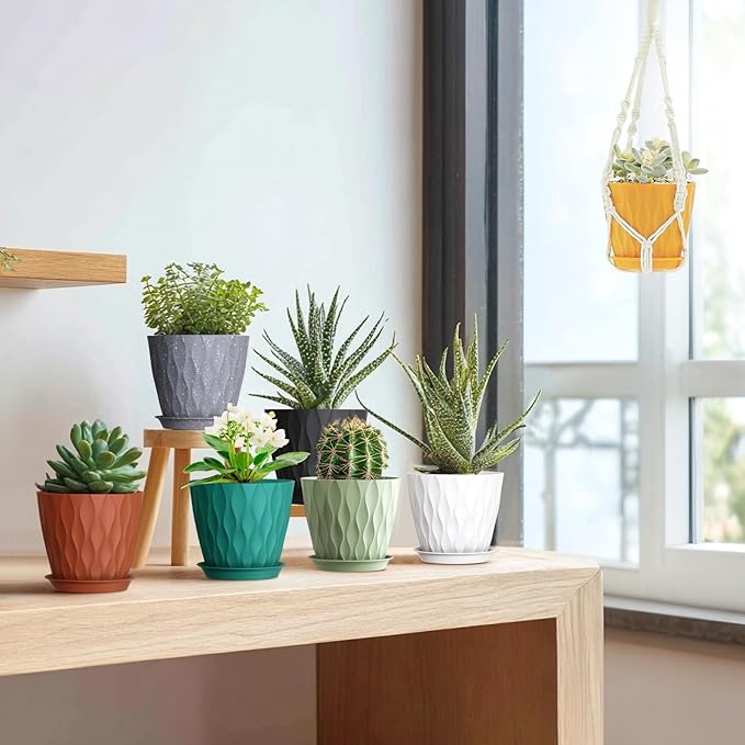 5 inch Plant Pots for Indoor Outdoor Plants, 6 Pack Thick Nursery Pots with Drainage Holes and Saucers, 3D Modern Wave Texture Small Plastic Planter Flower Pots for Succulent, Herb, White