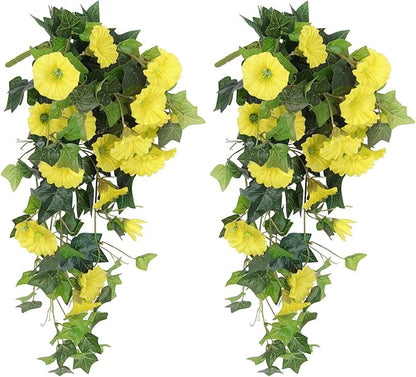 RECUTMS Artificial Fake Hanging Flowers Plants for Outdoor Decoration, 2 Pcs UV Resistant Faux Petunias Trailing Plants Realistic Flower Look Real for Door Wall Yard Porch Garden Planter (Yellow)