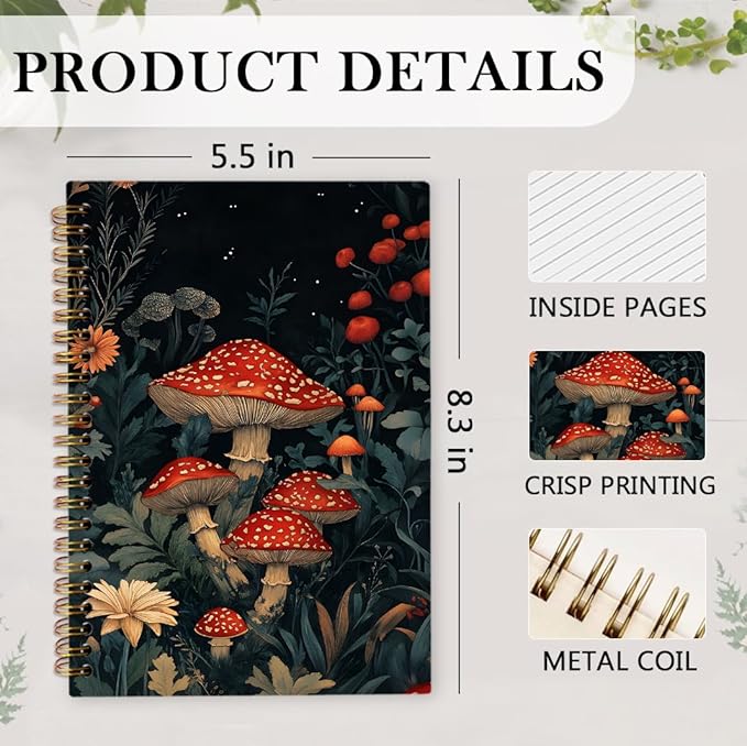 Mushroom Spiral Notebook, Vintage Mushroom Journal Notebook, Witchy Forest Botanical Journaling Notebooks for Women, Dark Cottagecore Office School Supplies Gifts, 5.5x8.3 Inch