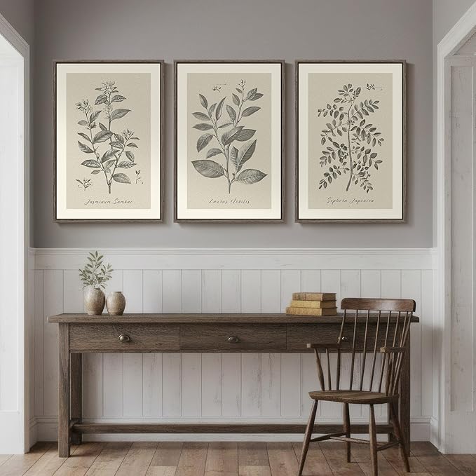 Large Framed Vintage Botanical Wall Art for Living Room, 3 Piece Rustic Farmhouse Plant Canvas Painting Prints Artwork, Neutral Natural Floral Pictures for Bedroom Kitchen Hallway Wall Decor, 24x36