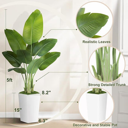 Lifelike Bird of Paradise Artificial Plant 5ft Faux Banana Leaf Tree with White Tall Planter for Home Decor - Perfect Indoor Silk Floor Plant for Living Room, Office, and Bedroom Ambiance Enhancement