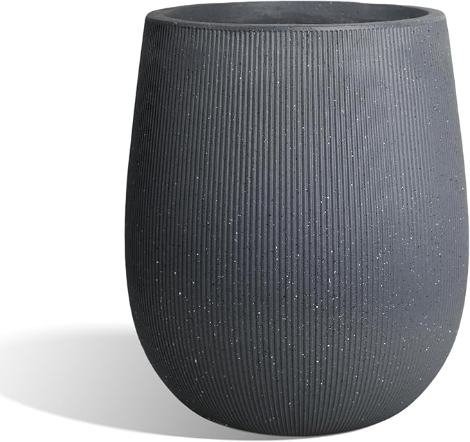 Worth Garden Dark Gray Round Planter, 9" Dia x 13" H Lightweight Magnesium Oxide Cement Plant Pot with a Striped Textured Finish, Raised Pattern Concrete Look, Drainage Hole, Indoor & Outdoor Use