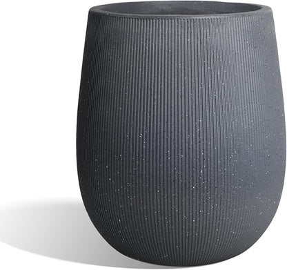 Worth Garden Dark Gray Round Planter, 9" Dia x 13" H Lightweight Magnesium Oxide Cement Plant Pot with a Striped Textured Finish, Raised Pattern Concrete Look, Drainage Hole, Indoor & Outdoor Use