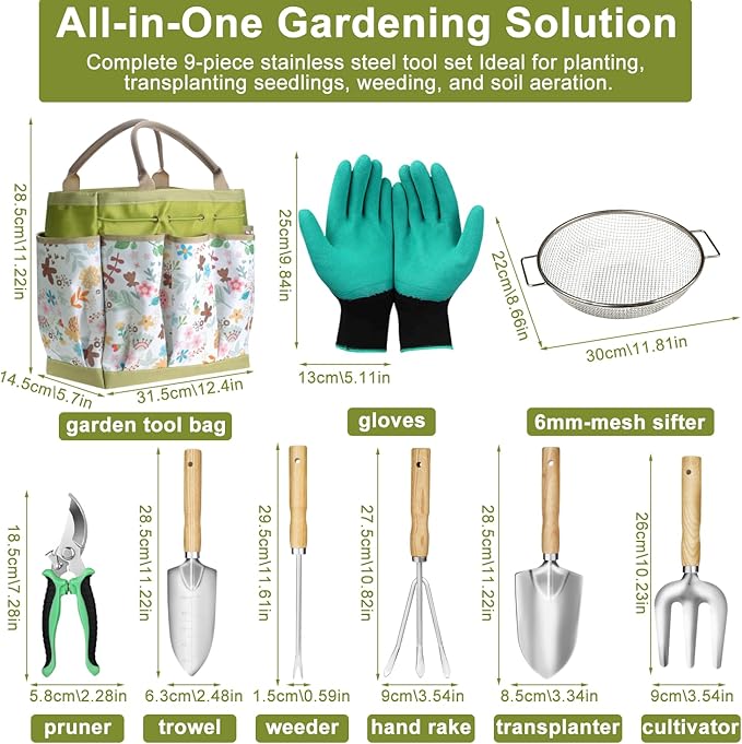 Garden Tool Set Heavy Duty,Sand Soil Compost Sifter 1/4 Inch Mesh,Stainless Steel Tools with Organizer Bag,Gardening Kit for Weeding, Planting, Digging,Gardening Gifts for Women Novice Gardener