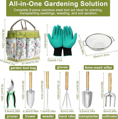 Garden Tool Set Heavy Duty,Sand Soil Compost Sifter 1/4 Inch Mesh,Stainless Steel Tools with Organizer Bag,Gardening Kit for Weeding, Planting, Digging,Gardening Gifts for Women Novice Gardener