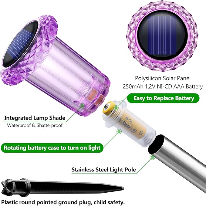 DenicMic Solar Lights Outdoor 10 Pack Waterproof Purple LED Yard Garden Patio Backyard Pathway Walkway Landscape Path Lawn Outside Decorations
