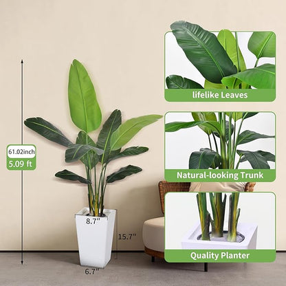 Bird of Paradise Plant Artificial 5ft,Faux Plants Indoor with White Planter,Fake Tree with Lifelike Leaves,The Perfect Indoor Silk Floor Plant for Home、Hallway and Office Decor