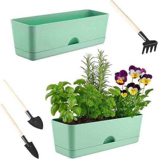 2-Pack Large Window Boxes Planters 16 Inch Rectangle Plant Box Rectangular Planter for Outdoor and Indoor Plants Plastic Windowsill Planter for Herbs Vegetable Flowers Long Window Sill Planters