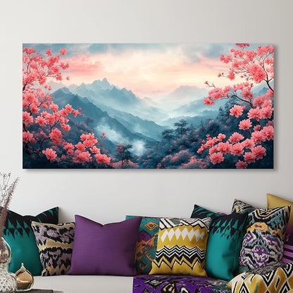 Pink Floral Landscape Wall Art Mountain Pictures -Abstract Mountain Artwork Pink Flowers Poster Mountain Pink Flowers Painting , Cherry Blossom Artwork for Living Room, Bedroom, Office & Home Décor,Ready to Hang (16x32 Inches)