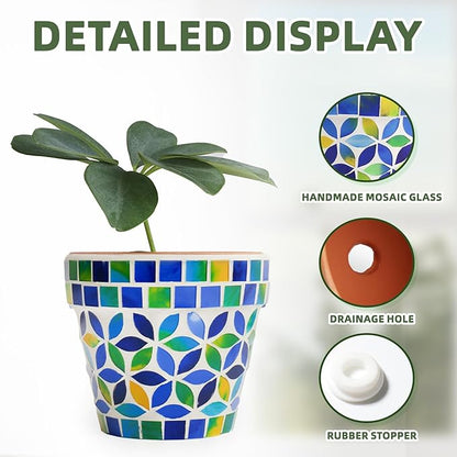VOREEN 4.2 Inch Decorative Mosaic Terracotta Plant Pot, Handmade Glass Mosaic & Clay Flower Pot with Drainage Plug, Small Indoor Outdoor Planter for Home Decor, Windowsill, Balcony & Covered Patio