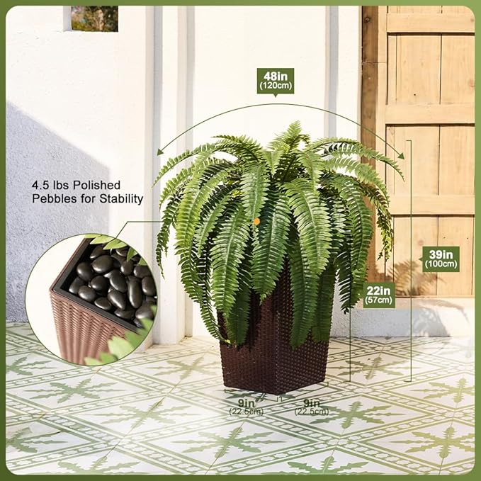 48" Boston Ferns Artificial Outdoor Plants - 39 Fronds UV Resistant Faux Greenery with Taper Planter- Realistic Fake Bushes Front Porch Decor for Garden, Patio, Indoors - Set of 1, VN153