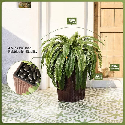 48" Boston Ferns Artificial Outdoor Plants - 39 Fronds UV Resistant Faux Greenery with Taper Planter- Realistic Fake Bushes Front Porch Decor for Garden, Patio, Indoors - Set of 1, VN153