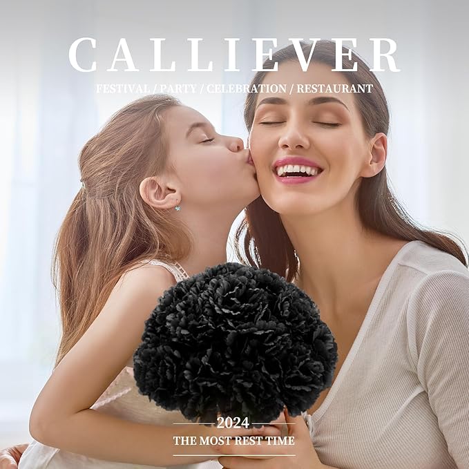 Silk Carnation Flower, 50 Artificial Flowers, Used for Wedding Decoration DIY Handmade Flowers, Carnation Flower Diameter 3.5 Inches and 6 Inches Stem (Black)