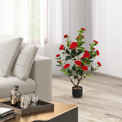 Goplus 38’’ Artificial Camellia Tree, Flower Plants Artificial Tree, Faux Floral Plant Blooming Tree in Cement Pot, Greenery Potted Plant for Indoor Outdoor Office Home Porch Decor