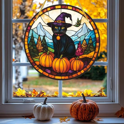 Acrylic Window Hanging Black Cat Pumpkins Stained Panel Window Decoration for Halloween Decorations Outdoor Indoor Garden Yard Home Halloween Decor 12 Inch
