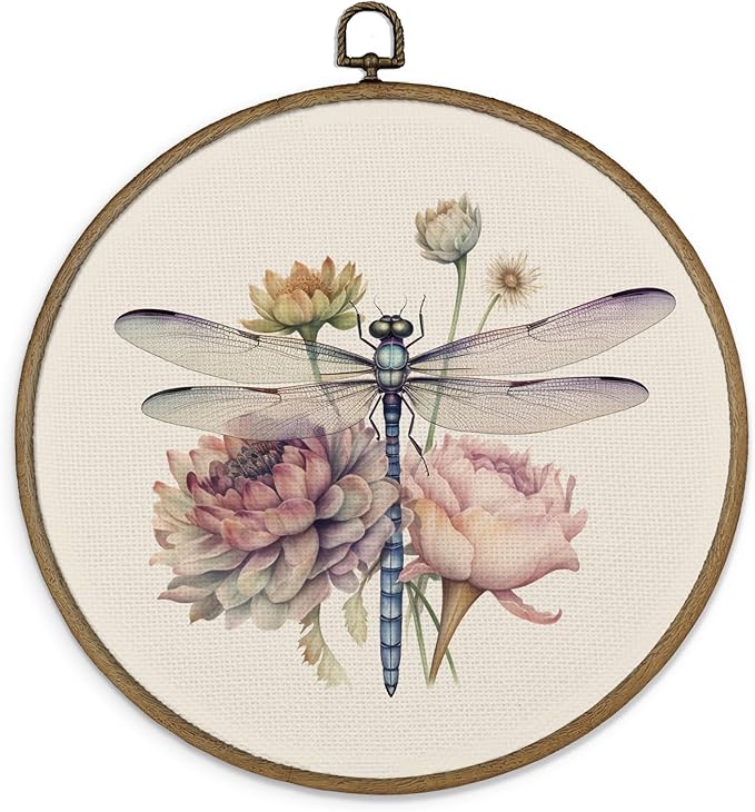 MAQIKA Dragonfly Flower Framed Wall Art Decor, Dragonfly Wall Art, Boho Botanical Round Wall Hanging Decor, Vintage Dragonflies Canvas Prints Wall Art for Farmhouse Wall Sculptures Bedroom,10x10 Inch