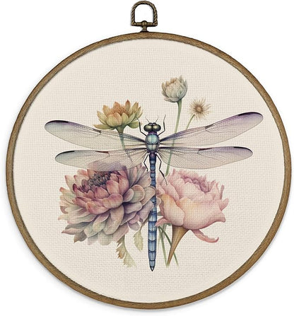 MAQIKA Dragonfly Flower Framed Wall Art Decor, Dragonfly Wall Art, Boho Botanical Round Wall Hanging Decor, Vintage Dragonflies Canvas Prints Wall Art for Farmhouse Wall Sculptures Bedroom,10x10 Inch