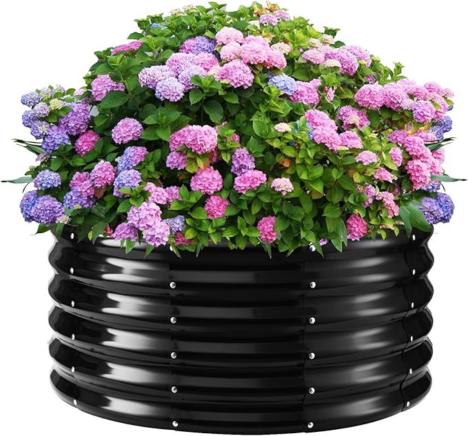 17" Tall Round Outdoor Garden Raised Garden Bed Kits-0.8MM Thick Metal Raised Planter Bed/Ground Planter Box for Variety of Flowers,Herbs,Vegetables,Trees (Black, 32 Dia X 16.5 inches)
