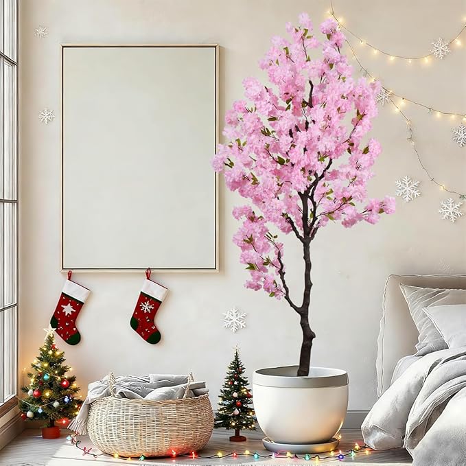Artificial Pink Cherry Blossom Tree 7 FT Faux Flowering Trees Fake Cherry Blossom Decorative Tree Indoor for Christmas New Year Home Decor