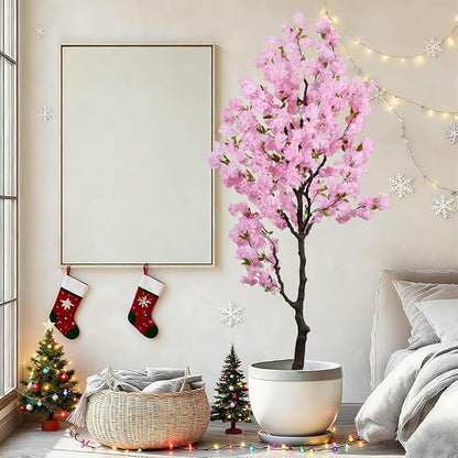 Artificial Pink Cherry Blossom Tree 7 FT Faux Flowering Trees Fake Cherry Blossom Decorative Tree Indoor for Christmas New Year Home Decor